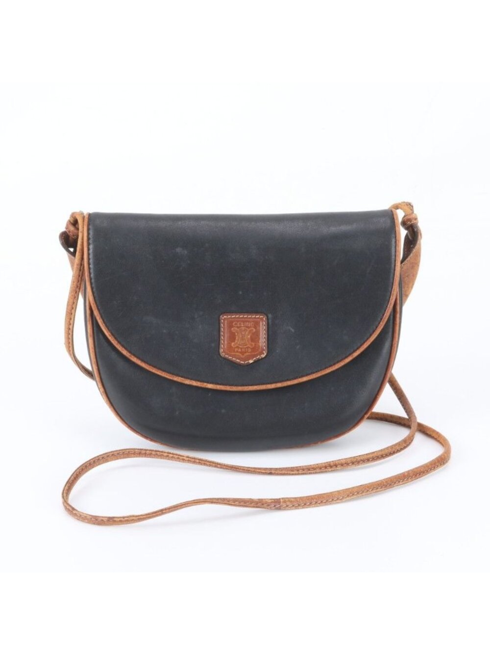 Celine Vintage Triomphe Leather Shoulder Bag Crossbody Black